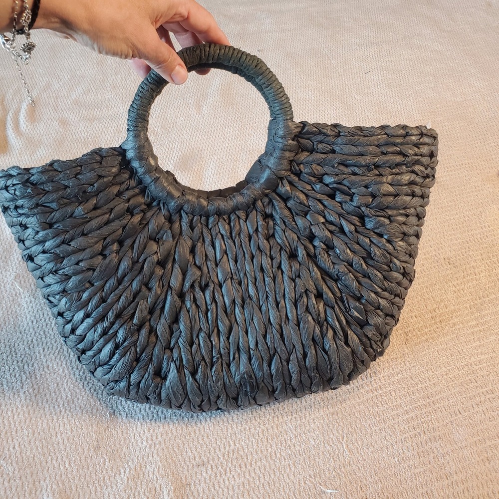 Bujibaja Charcoal Gray Woven Straw Fan Tote Bag Circular Handle‎ Summer Beach